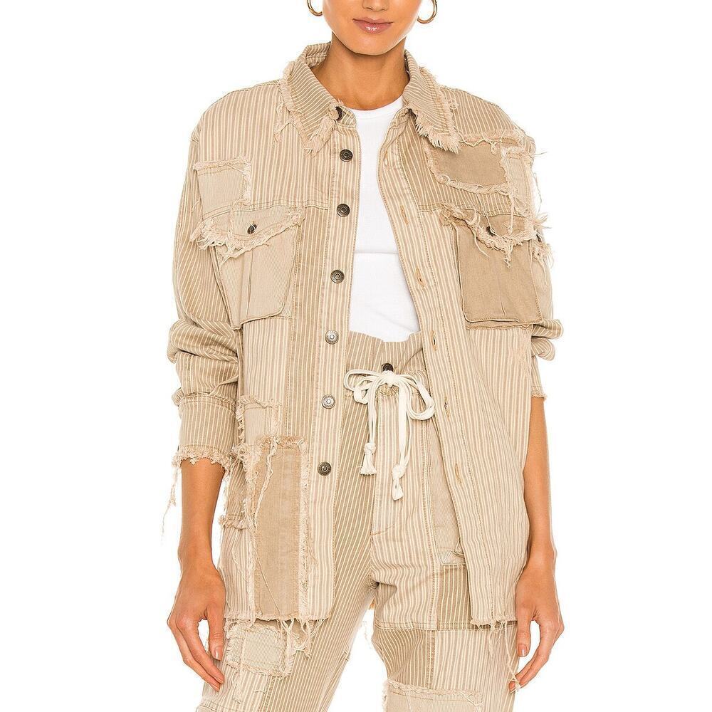 SER.O.YA Kara Beige Stripe Patchwork Oversized Shirt Size XS